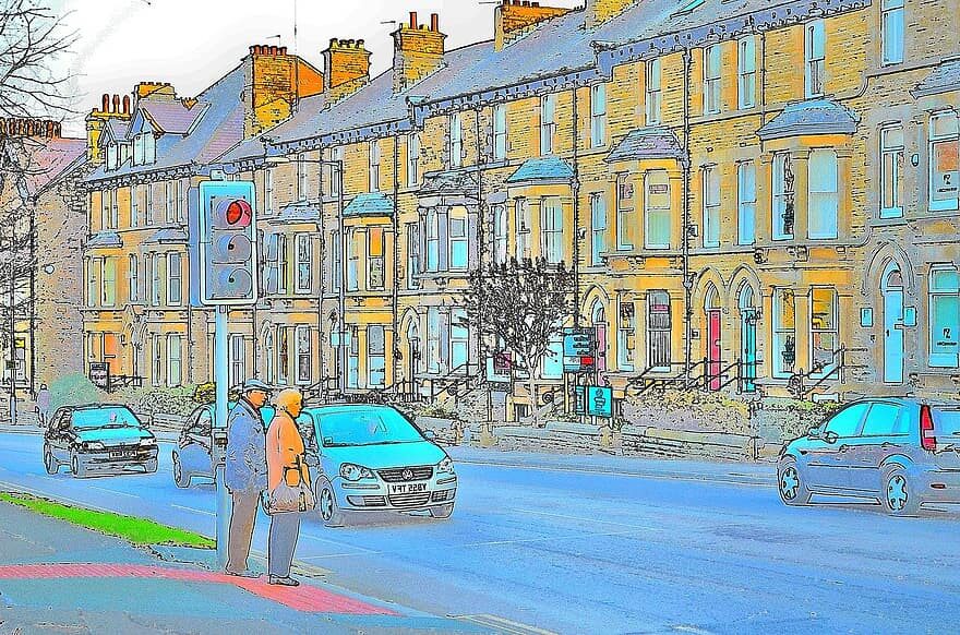 street-people-cars-houses-illustrations-traffic-lights-england-charles